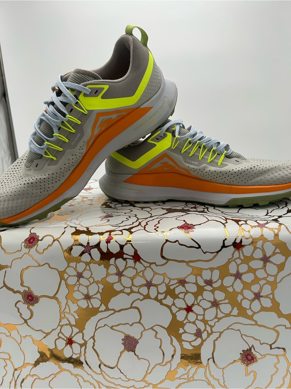 Nike Men's Gray Sneakers with Orange Panels and Neon Yellow Accents